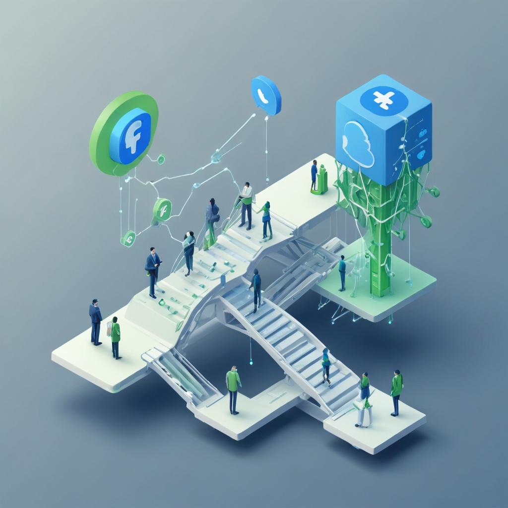 Ilustración isométrica de un puente de datos conectando una plataforma de social media y una de IA, analizada por profesionales.