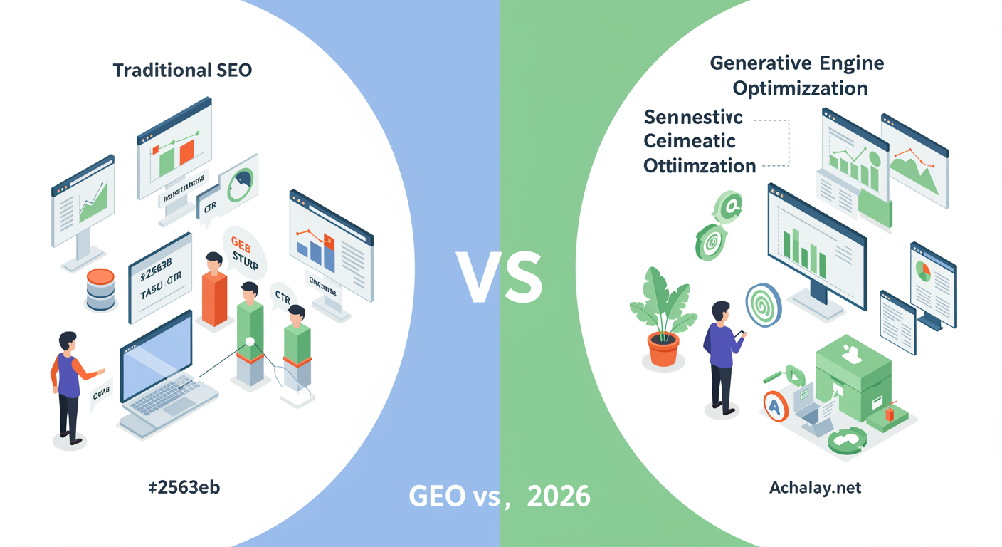 comparing GEO vs SEO optimization strategies for 2026. Split-screen layout: left side shows traditional SEO with keyword r...