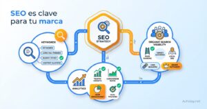 SEO strategy flat design with interconnected nodes, analytics icons, and Achalay branding on light background