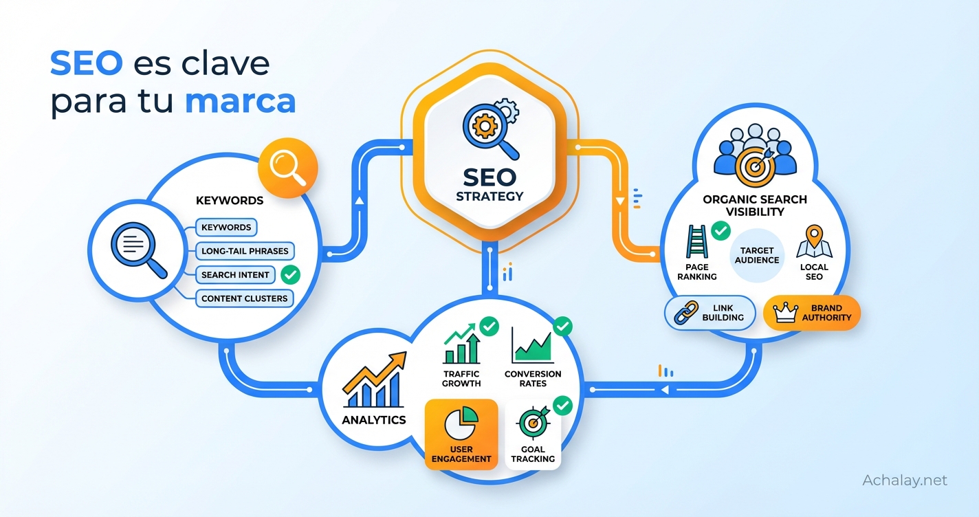 SEO strategy flat design with interconnected nodes, analytics icons, and Achalay branding on light background
