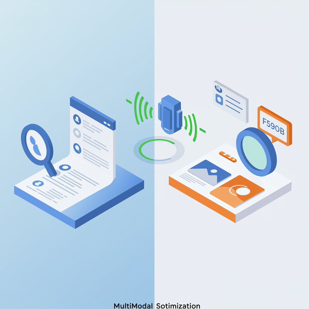 of multimodal search optimization concept. Split composition showing three search methods: text query on left with blue (#...