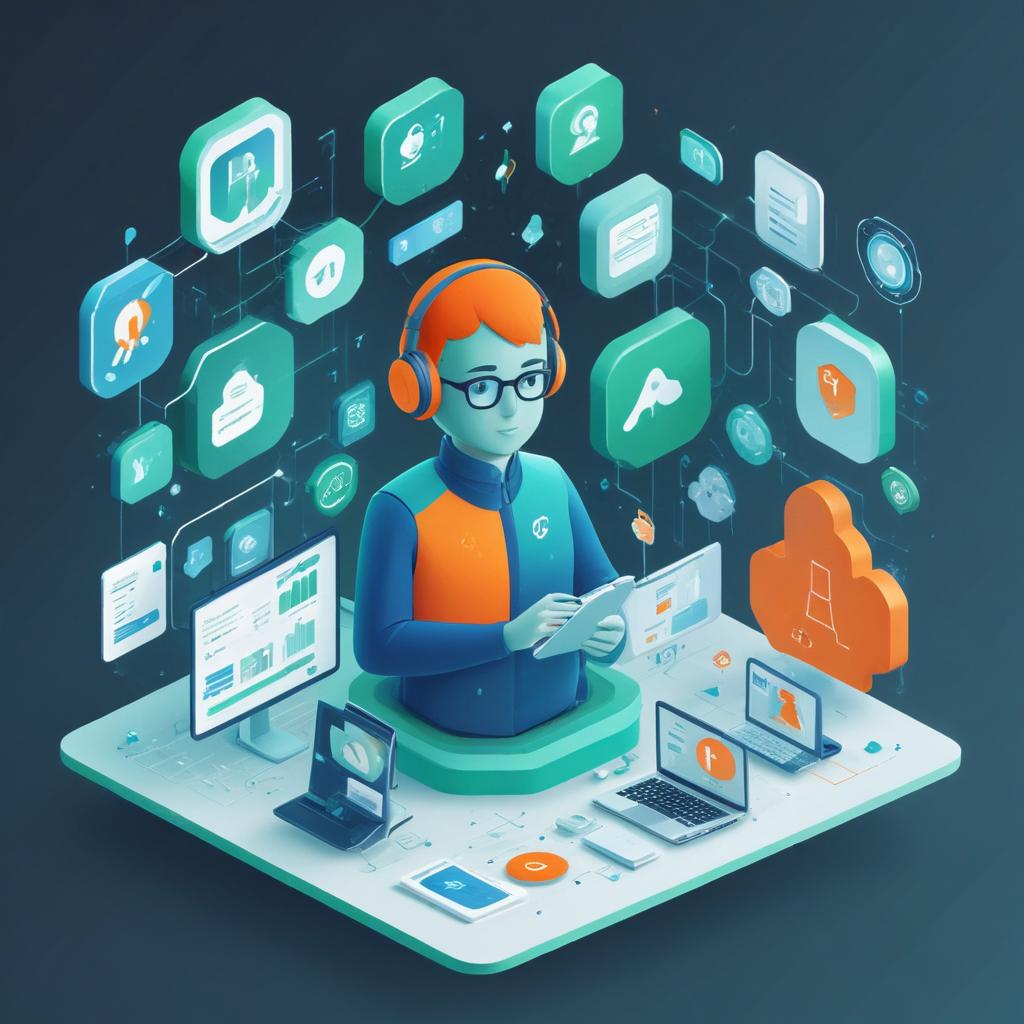 A of a AI avatar at the center of a data-driven environment. The avatar is surrounded by floating UI panels displaying mar...