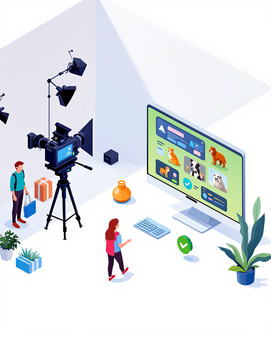 showing AI-generated video production replacing live animal filming. Left side depicts traditional film set with real anim...