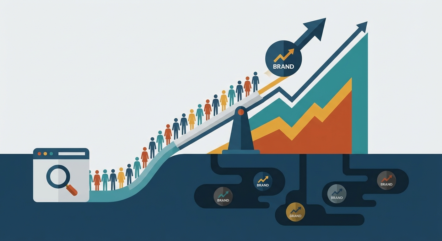 Ilustración conceptual sobre la importancia del SEO, mostrando una marca creciendo y atrayendo tráfico de búsqueda, mientras otras marcas se quedan atrás.