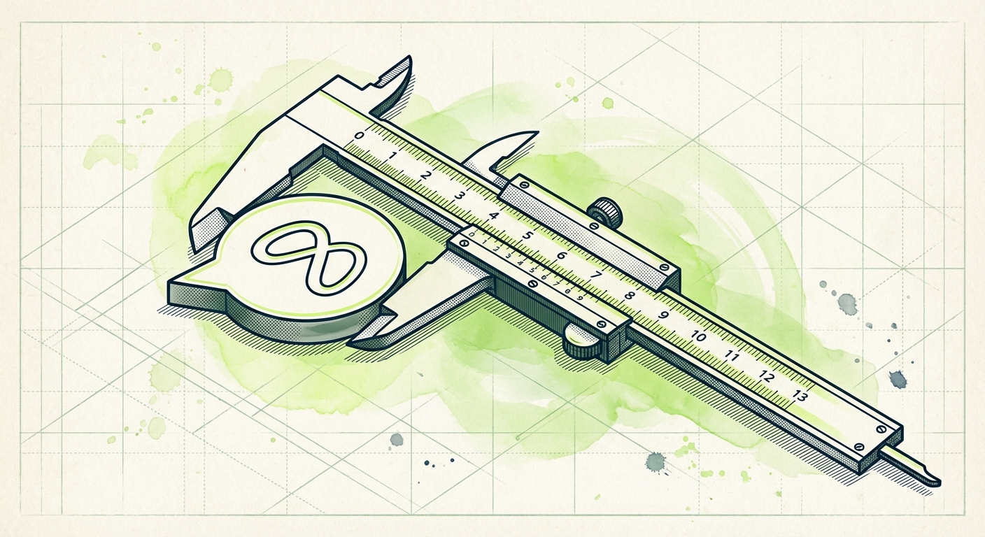 composition of a vintage technical caliper tool precisely measuring a speech bubble that contains the Meta logo inside it....