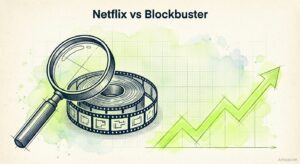 Magnifying glass and ascending graph in midnight blue and lime green duotone with blueprint grid and watercolor washes illustrating digital transformation case study