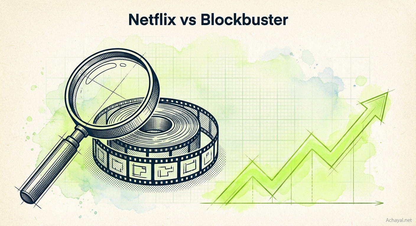 Magnifying glass and ascending graph in midnight blue and lime green duotone with blueprint grid and watercolor washes illustrating digital transformation case study