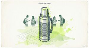 Deep blue technical illustration of vintage Stanley thermos with watercolor lime green accents, blueprint grid background, minimalist Gen Z viralidad concept art