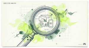 Duotone technical with watercolor accents. composition: large magnifying glass as protagonist in deep midnight blue (#0616...