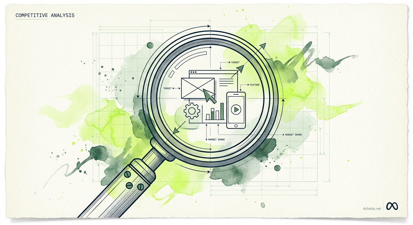 Duotone technical with watercolor accents. composition: large magnifying glass as protagonist in deep midnight blue (#0616...