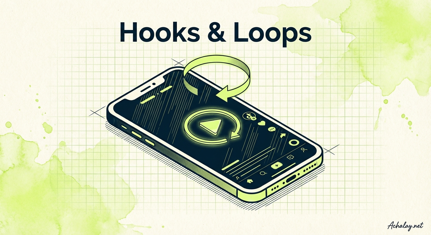 Minimalist duotone illustration of smartphone with TikTok hook loop UI, technical lines in midnight blue, watercolor lime green accents, architect grid background.