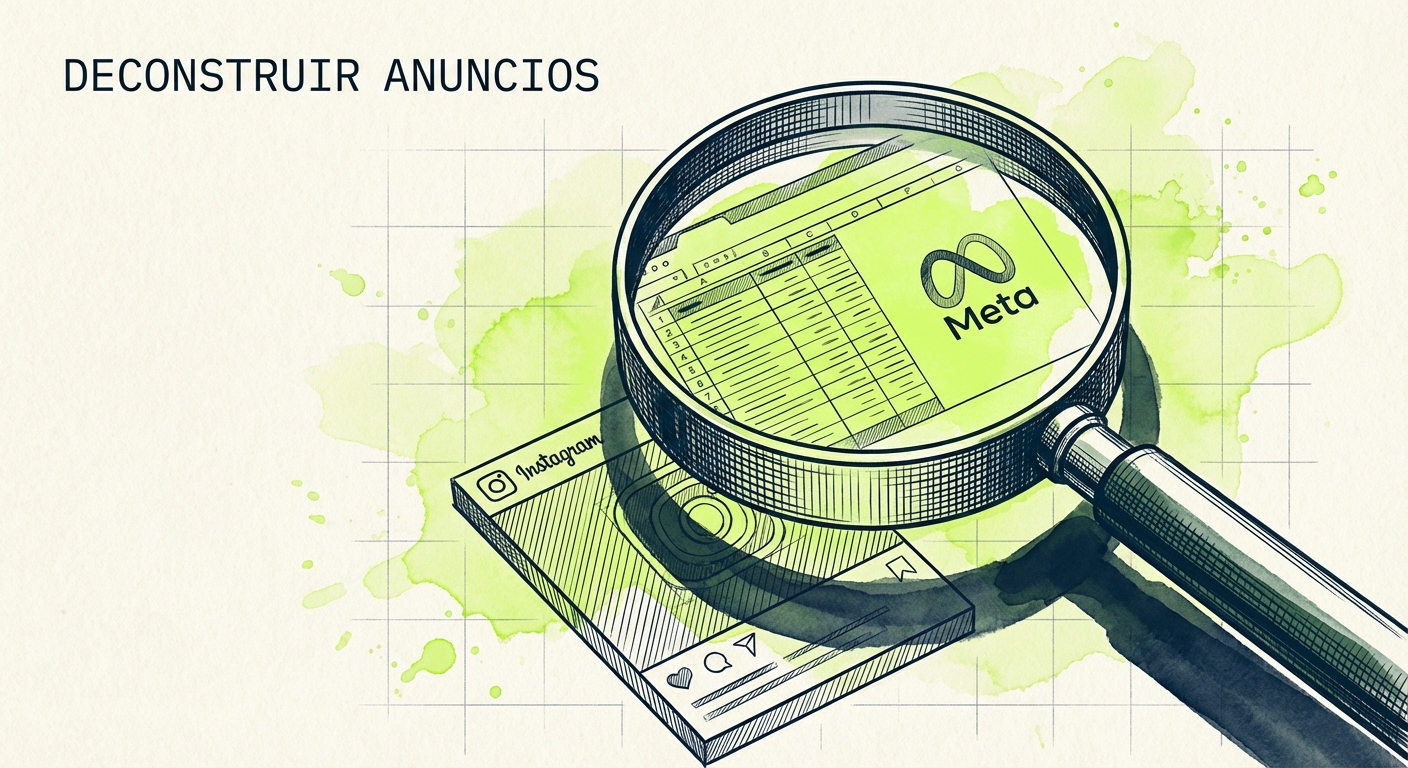 Duotono técnico con acuarela: Una lupa grande en primer plano, delineada en deep midnight blue (#061620) con técnica de ha...