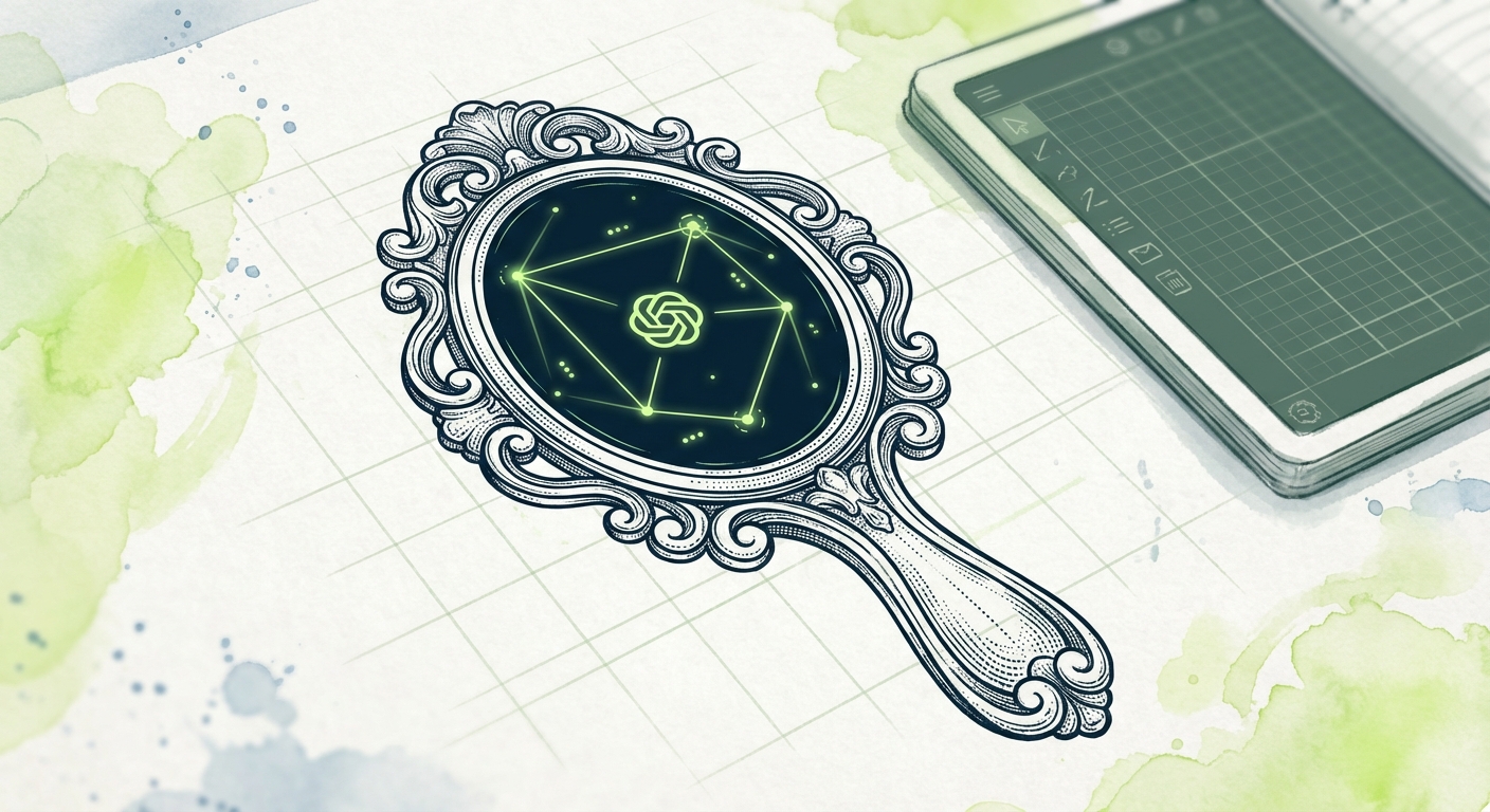 Duotone technical with watercolor accents. Centered composition: large, ornate, baroque- hand-held mirror with a decorativ...