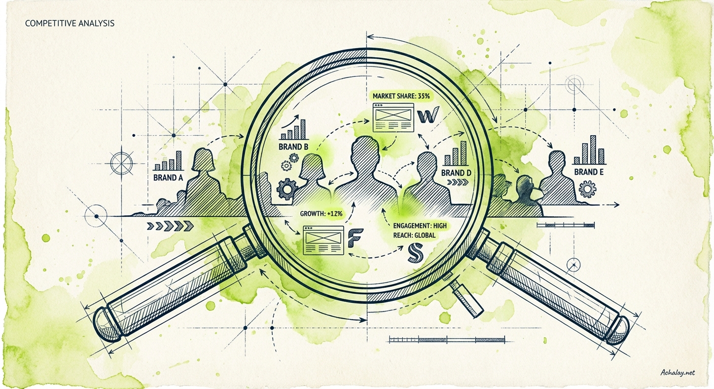 Magnifying glass examining competitive websites with deep blue lines, lime green watercolor splashes, and technical grid background