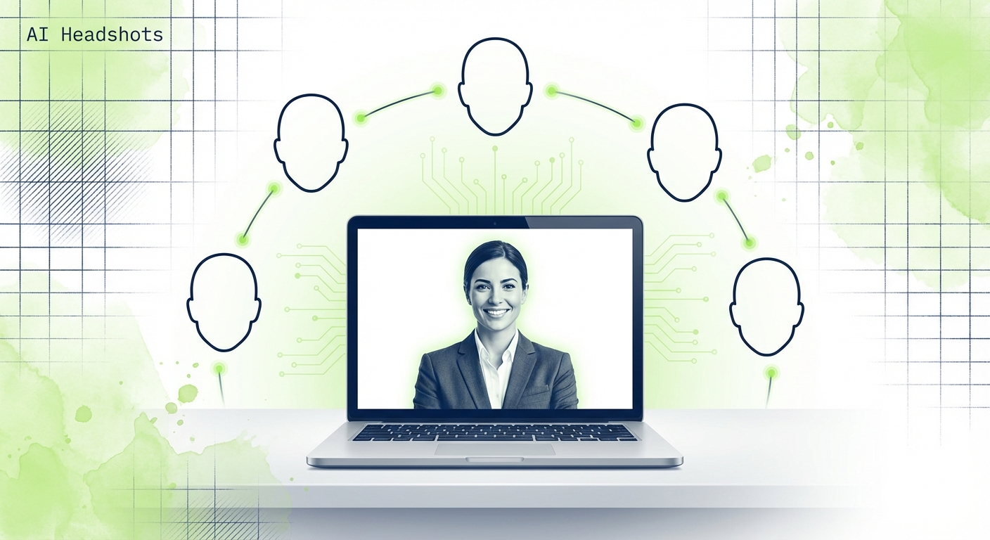 headshot transformation concept. A sleek laptop screen displaying a polished corporate portrait in the center, with 5 face...