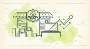 Duotone technical with watercolor: A stylized marketplace storefront display with stacked product boxes and an ascending a...