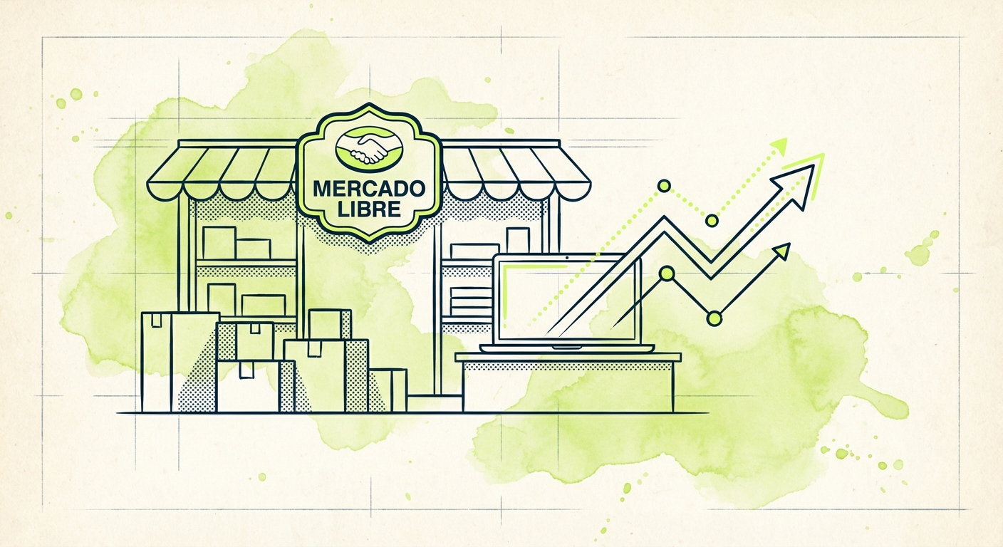 Duotone technical with watercolor: A stylized marketplace storefront display with stacked product boxes and an ascending a...