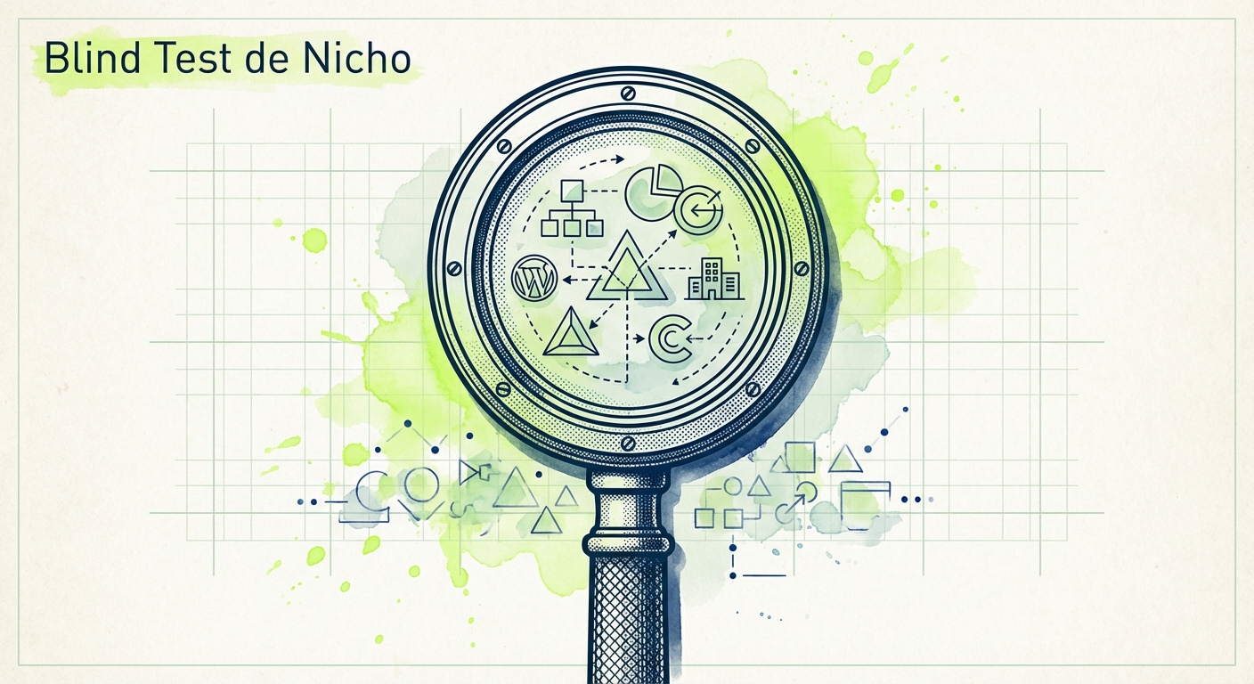 Magnifying glass examining competitive landscape in deep blue duotone with lime green watercolor accents on blueprint background