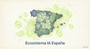 Technical duotone with watercolor accents: A central geometric silhouette map of Spain covered with a faint neural network...