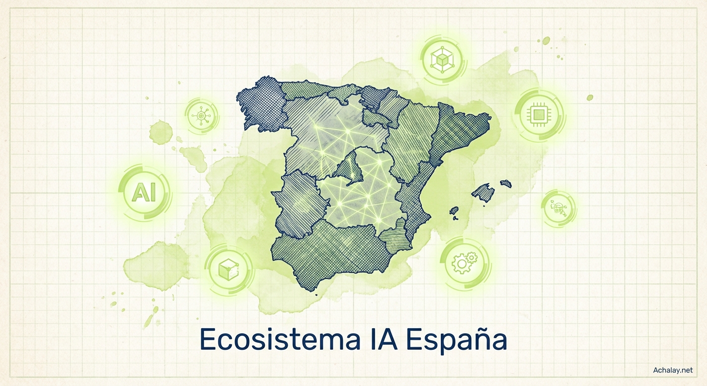 Technical duotone with watercolor accents: A central geometric silhouette map of Spain covered with a faint neural network...
