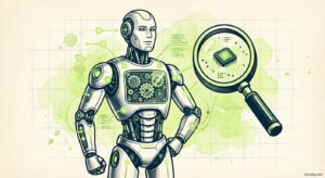 Robot with glowing interface and magnifying glass on blueprint grid background, duotone blue and lime green technical illustration with watercolor accents