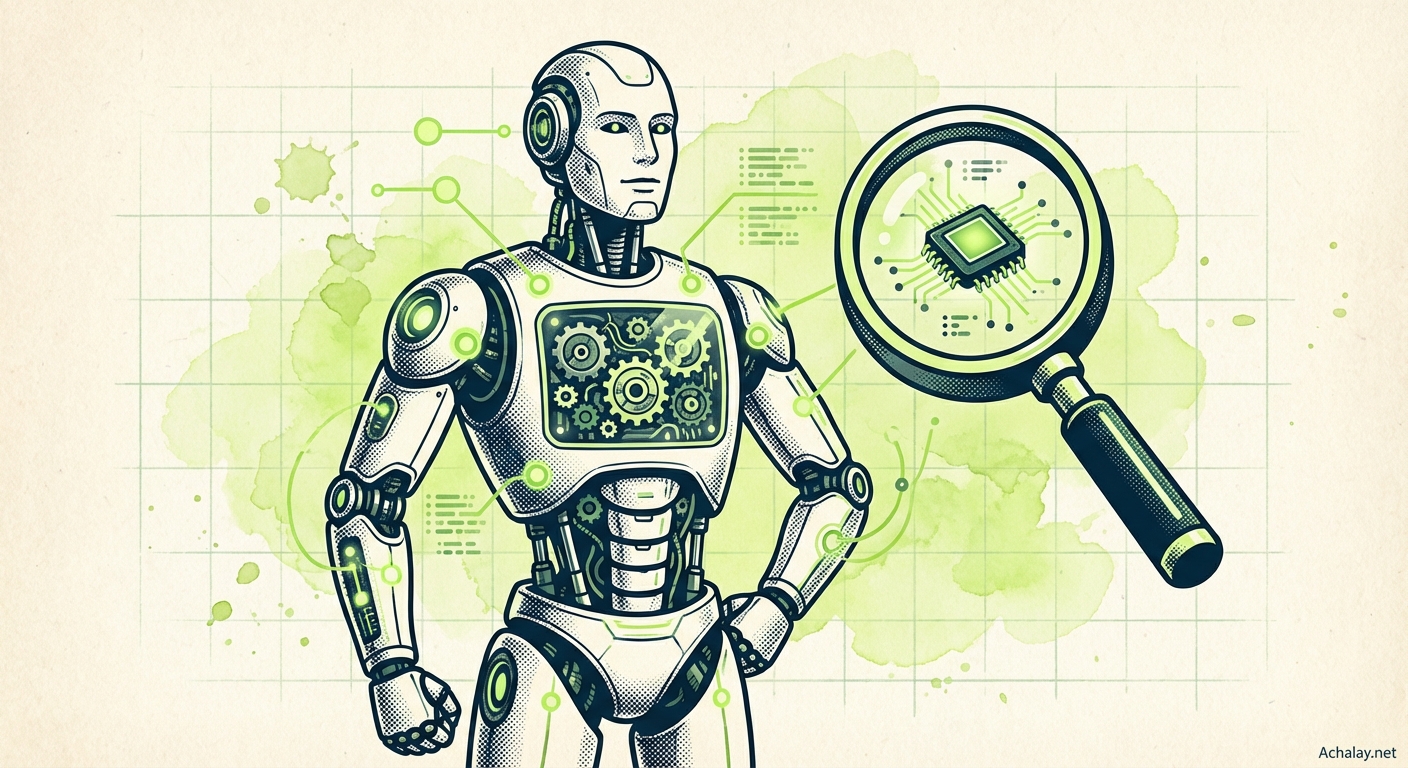 Robot with glowing interface and magnifying glass on blueprint grid background, duotone blue and lime green technical illustration with watercolor accents