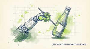 Duotone technical with watercolor: A robot arm (protagonist) delicately holding a paintbrush, mid-stroke creating a Heinz ...