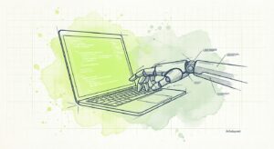 Robot hand typing on laptop with lime green code glow, duotone technical watercolor style