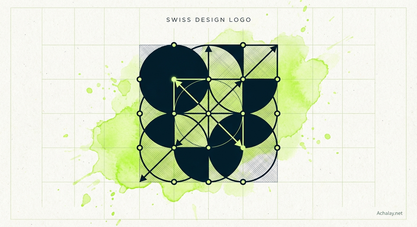 Geometric Swiss design logo symbol in midnight blue with lime green accents on textured background with watercolor wash