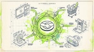 Technical architectural mixed with fluid watercolor. Centerpiece: The iconic Mercado Libre handshake logo illustrated in p...