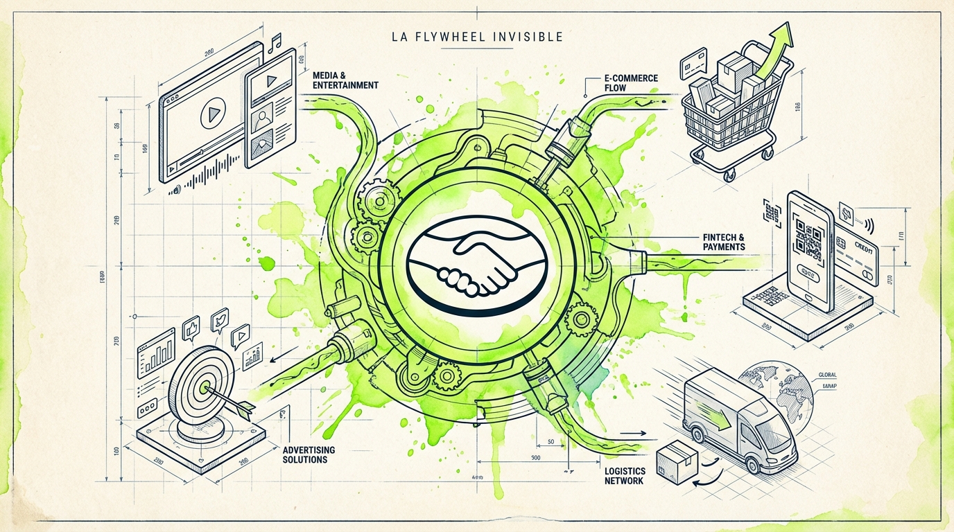 Technical architectural mixed with fluid watercolor. Centerpiece: The iconic Mercado Libre handshake logo illustrated in p...