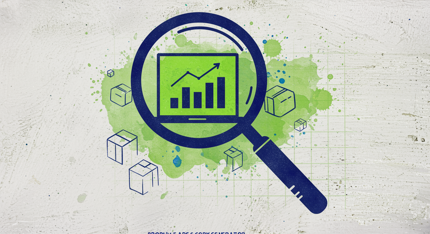 Magnifying glass with laptop and sales graph inside, duotone blue with lime green accents, technical watercolor style background.