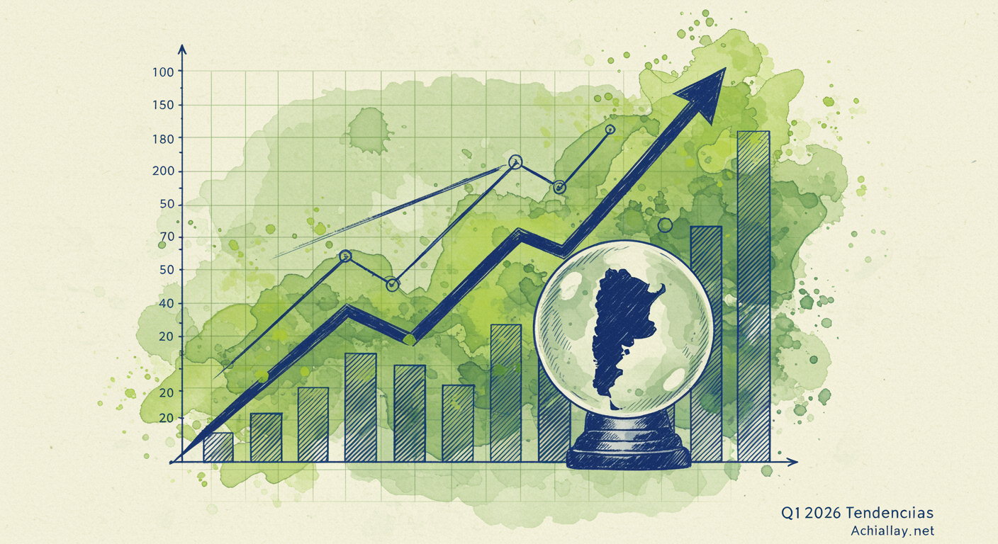 Trending graph chart with crystal ball showing Argentina map, duotone blue with lime green watercolor accents, architect grid background