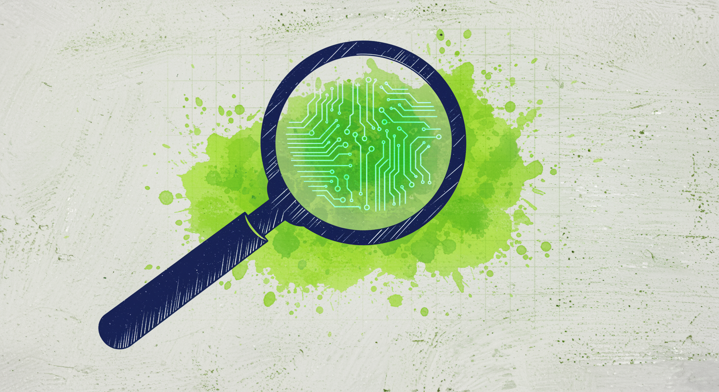 Deep blue magnifying glass examining glowing green data patterns on textured grid background with lime watercolor splatter effect