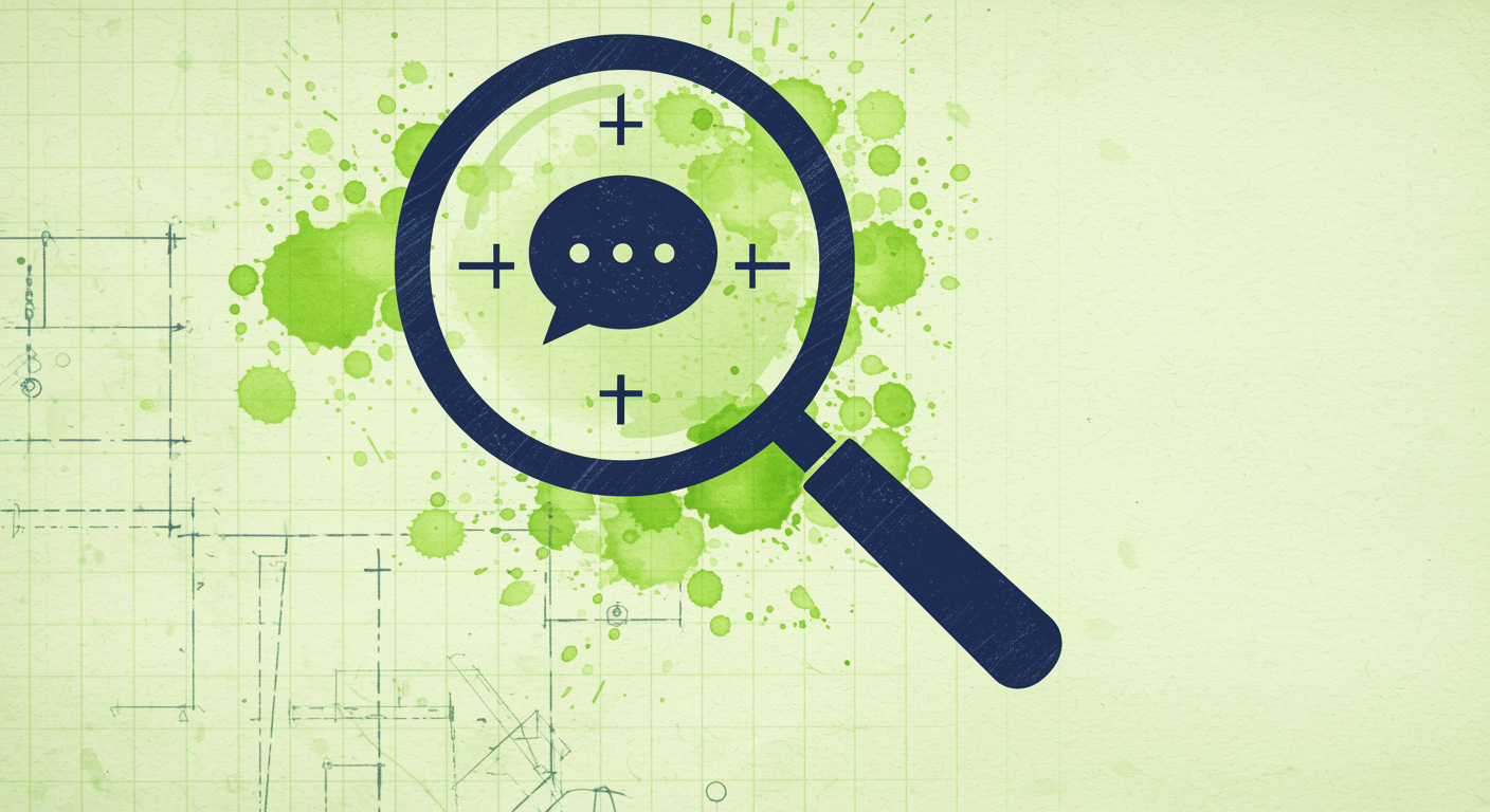 Magnifying glass with chat bubble in midnight blue duotone with lime green watercolor accents on blueprint grid background