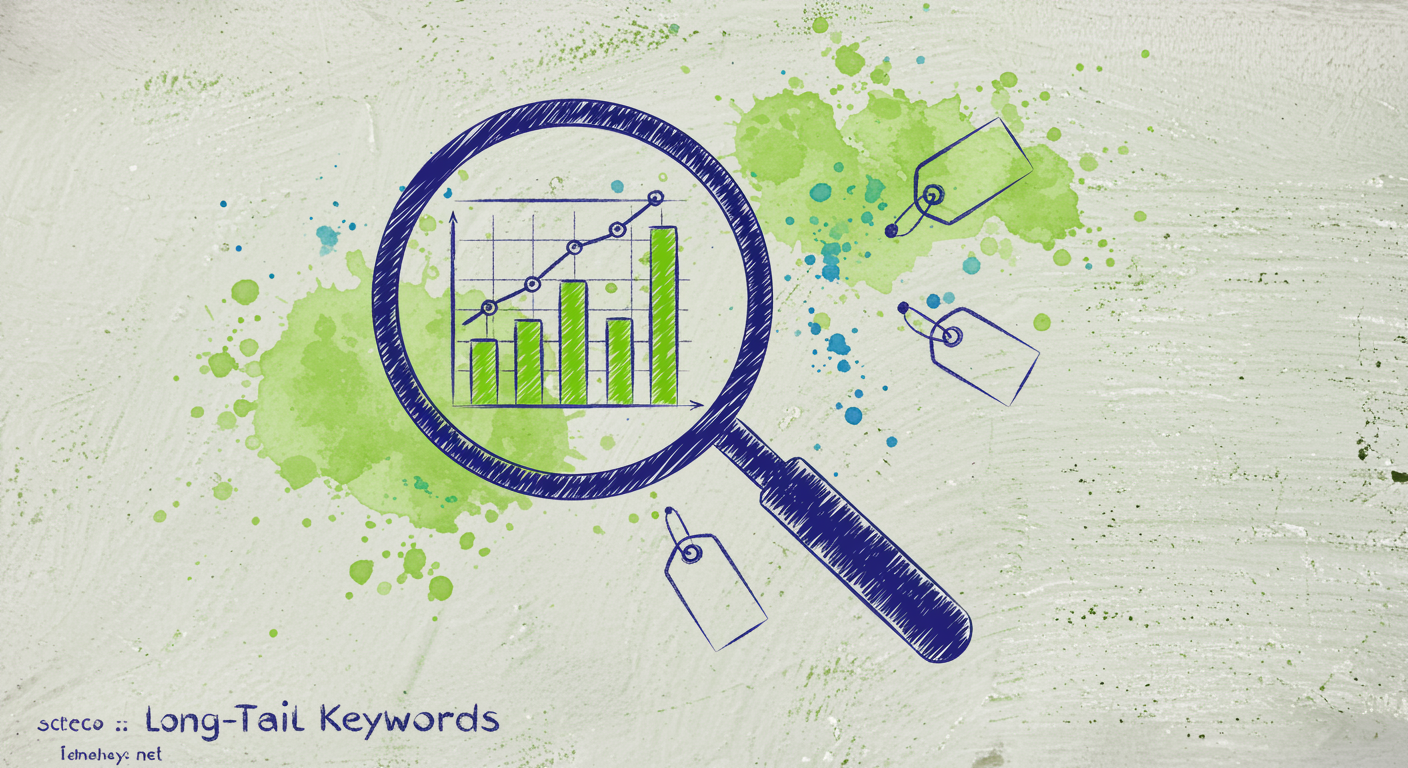 Duotone technical with watercolor accents. Protagonist: large magnifying glass rendered in deep midnight blue (#061620) wi...