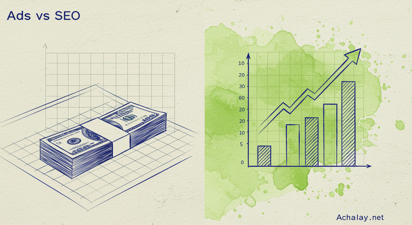 Split-screen comparison illustration: money stack vs trending graph in blue line art with lime watercolor accents, representing ads versus organic SEO budget allocation strategy