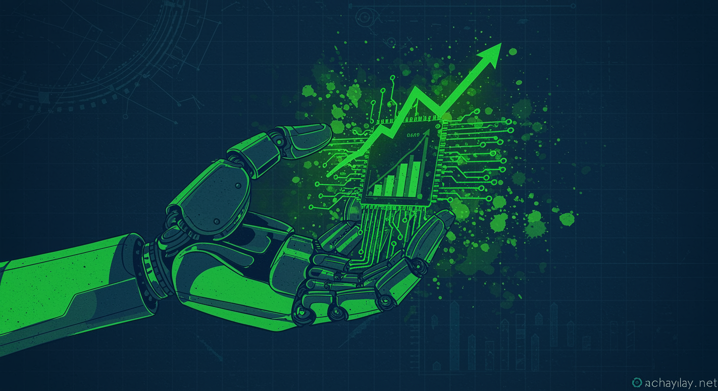 Robot hand holding glowing circuit board with ascending graph, duotone blue and lime green technical illustration with watercolor elements