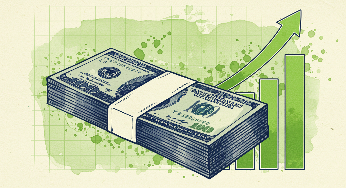 Financial budget stack with upward growth chart in duotone technical watercolor style