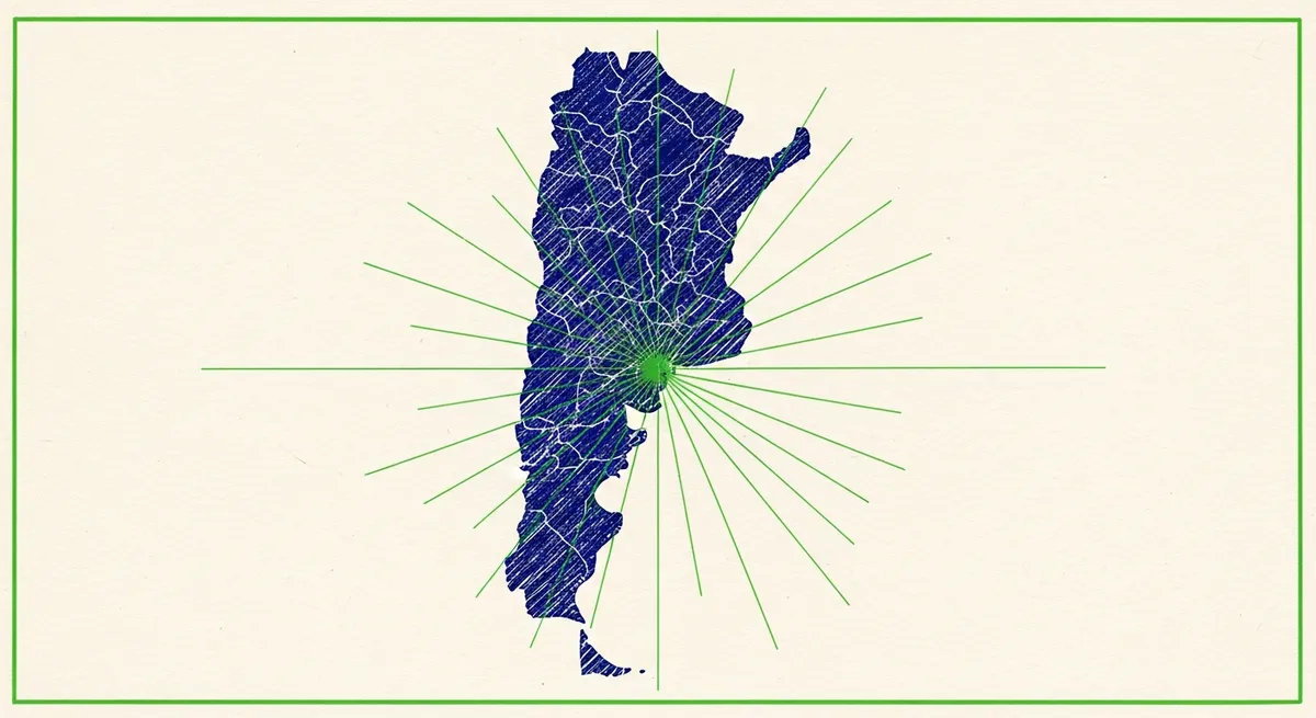 Compás de precisión sobre un mapa de Argentina, con una mancha de acuarela verde que simboliza el crecimiento estratégico del marketing en 2026.