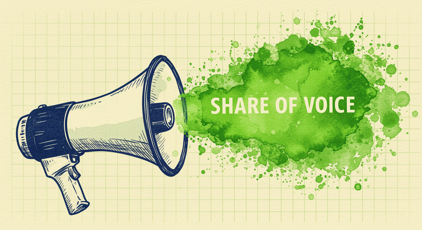 Megaphone in blue with bright green wave burst on gridded watercolor background, representing Brand Ads and share of voice strategy