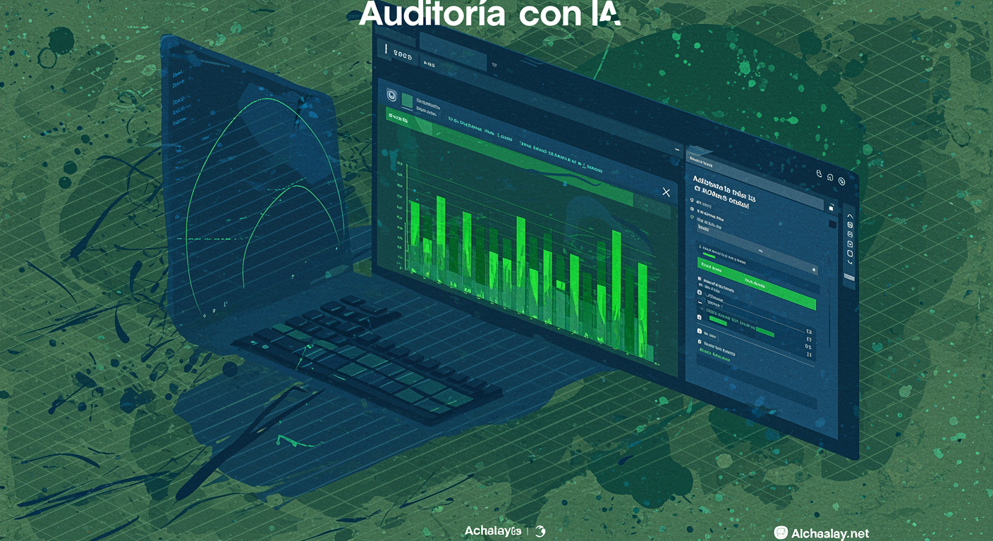 Lupa técnica azul medianoche revelando grilla de datos con acentos verde lima, robot minimalista de apoyo, fondo con acuarela orgánica y grilla arquitectónica desvanecida. Tema: auditoría de publicaciones con IA para Mercado Libre y SEO.