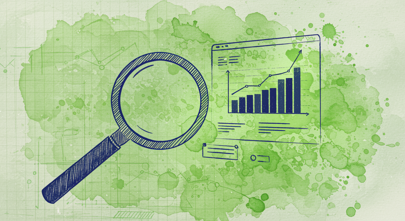 Magnifying glass with technical blue lines examining AI metrics dashboard, surrounded by lime green watercolor splashes on blueprint grid background