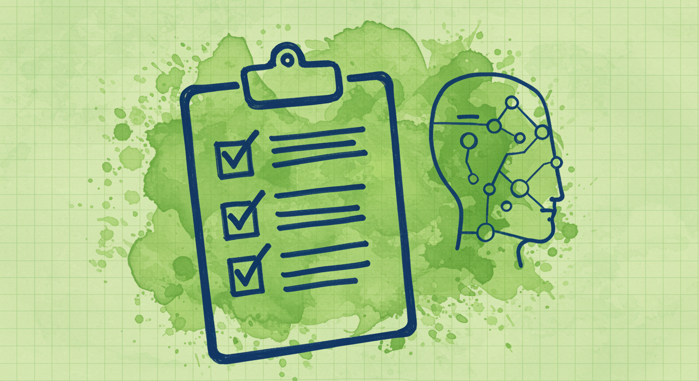 Duotone technical illustration of optimization checklist with robot and watercolor accents