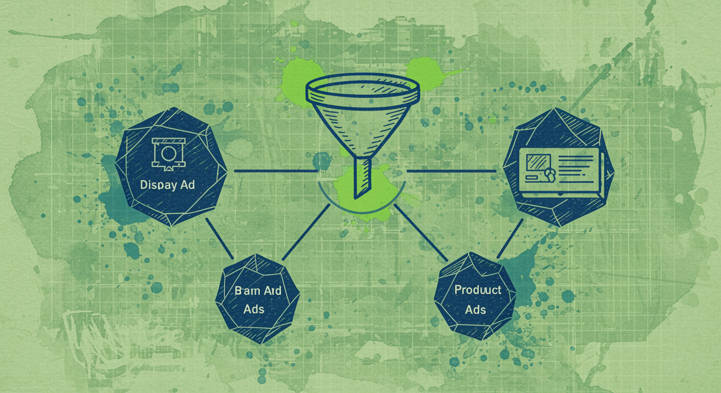 Minimalist duotone ecosystem diagram with three interconnected advertising nodes and sales funnel in midnight blue with lime green accents on blueprint background