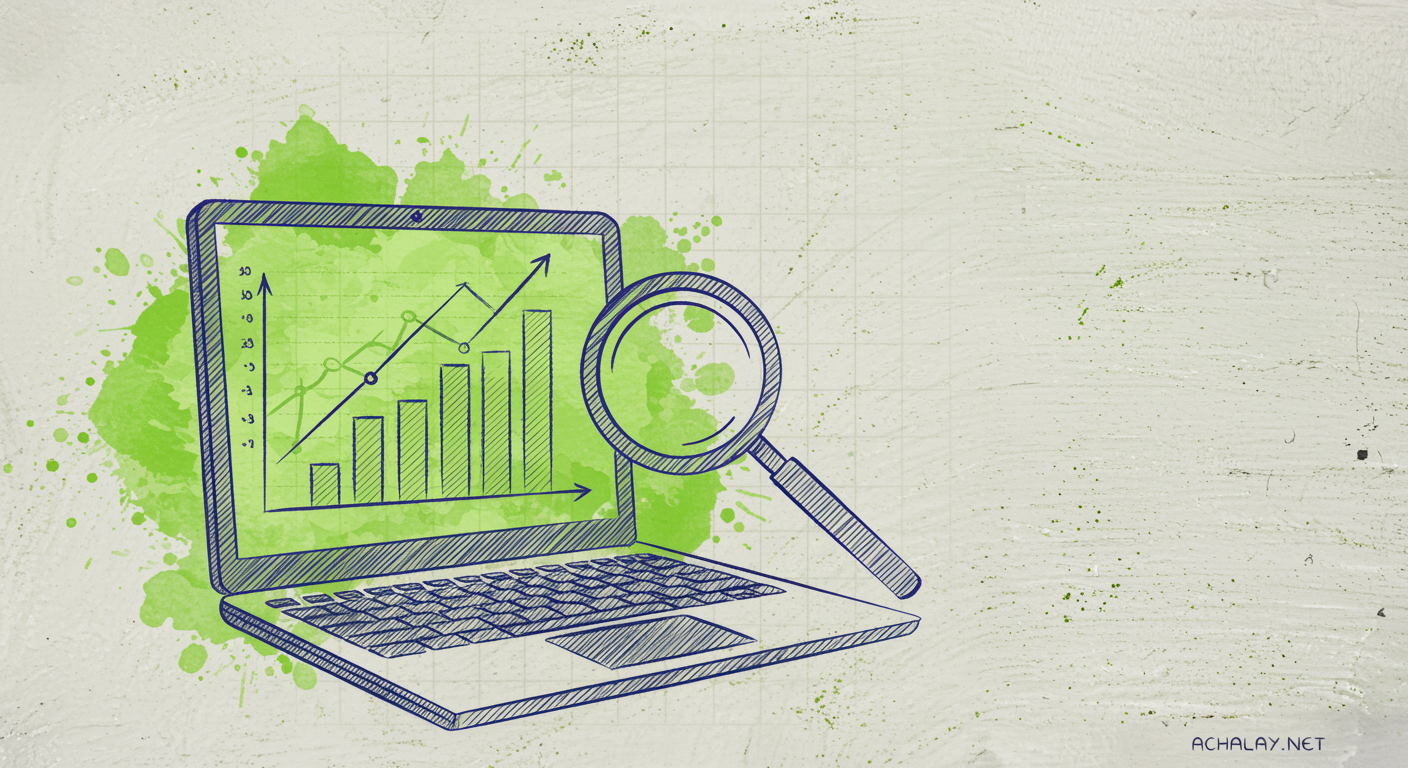 Technical blueprint illustration: laptop with ascending green chart and magnifying glass on cream paper with faint grid and watercolor lime green splatters, representing AI content optimization