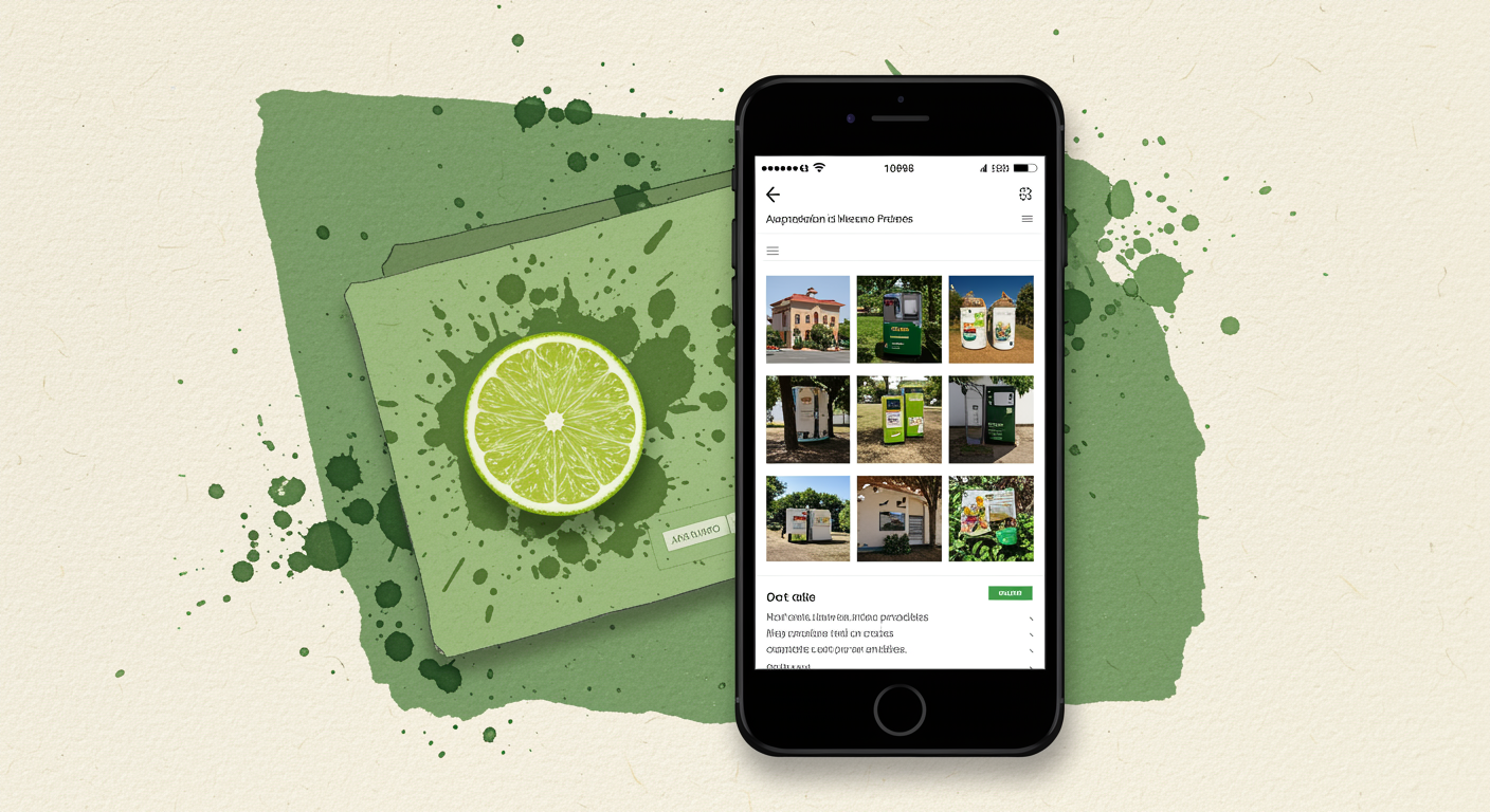 Duotono técnico con acuarela: fotografía de producto en Mercado Libre. Protagonista: smartphone mostrando galería de fotos...