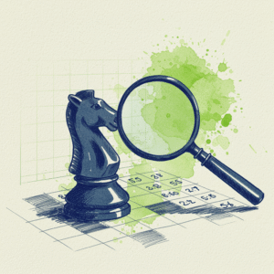 Ilustración conceptual del Método Achalay: una pieza de ajedrez sobre una hoja de cálculo, con una lupa, simbolizando estrategia inteligente para captar leads y fortalecer la marca.