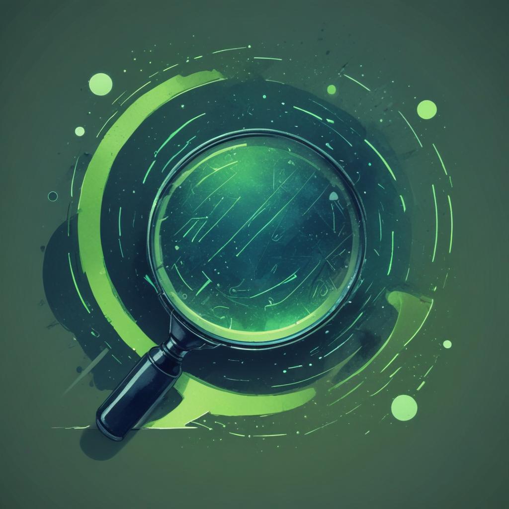 Duotone technical with watercolor aesthetic. Protagonist: a large magnifying glass with deep midnight blue (#061620) outli...