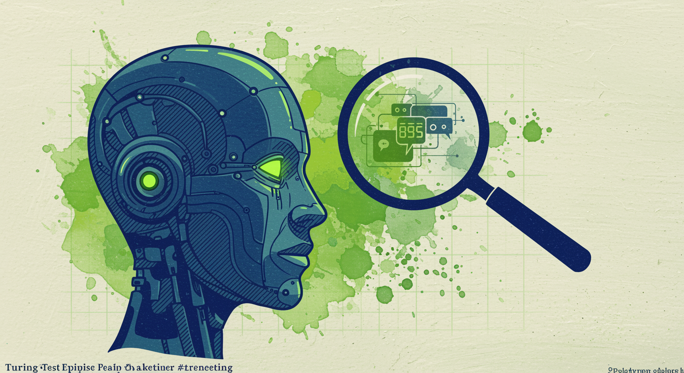 Minimalist robot head with glowing green eye beside magnifying glass on technical grid with lime watercolor washes, representing AI and human communication in marketing.